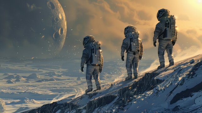 Three astronauts explore an icy alien landscape under a large, cratered moon with a dramatic, cloudy sky.