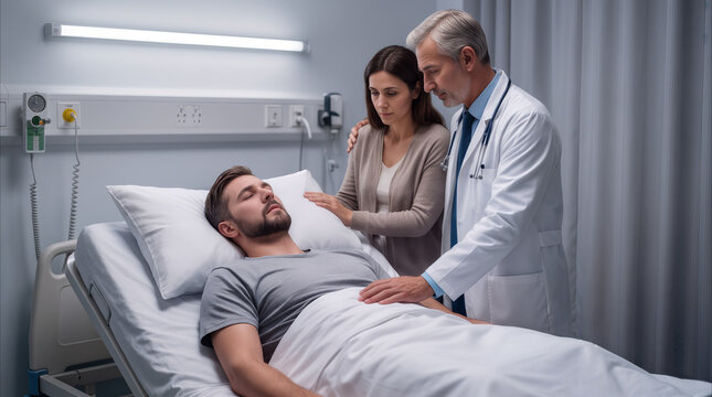 Caring wife and senior doctor standing by unconscious man in hospital room. Medical consultation and patient support in healthcare facility.