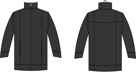 WebDark Grey Winter Coat Technical Flat Sketch Front and Back View © Khademul