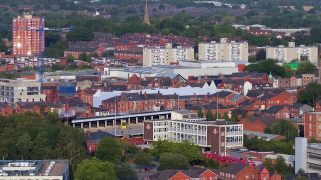 Aerial Video of Wigan Town Centre and Historic Mills. 
