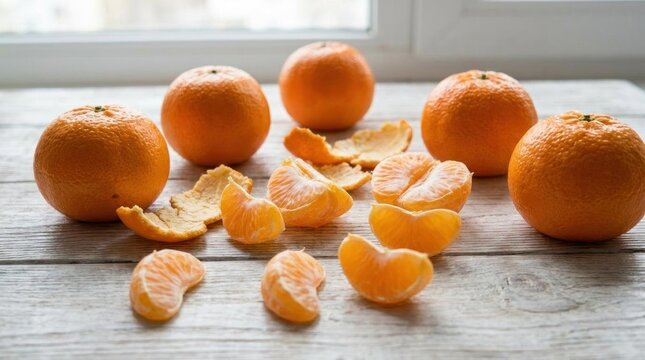 Whole and peeled mandarins on wood.