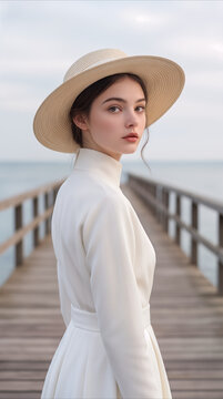 Graceful young woman in white dress and straw hat standing on wooden pier. Elegant female traveler looking back at camera during vacation at seaside resort.