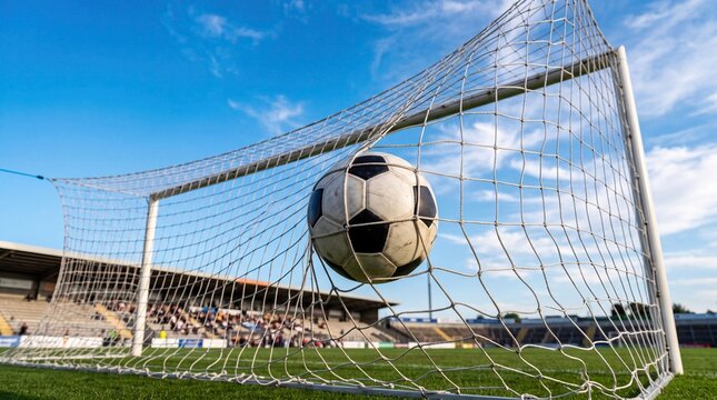 Soccer Ball Scoring Goal Against Blue Sky