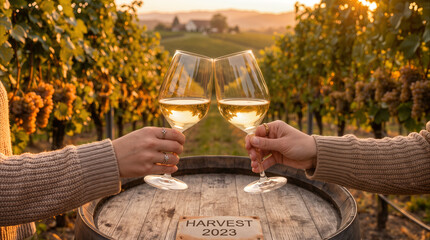 Naklejka premium Wine glasses clinking over wooden barrel in vineyard at sunset. Celebration of successful harvest season in rural countryside.