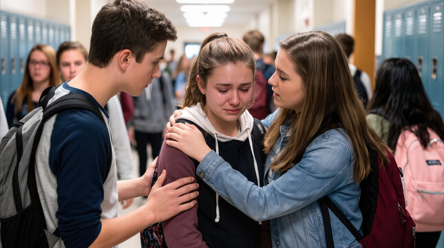 Students offering emotional support to upset classmate in a setting resembling a high school hallway. Concept of peer empathy and mental health awareness among teenagers.