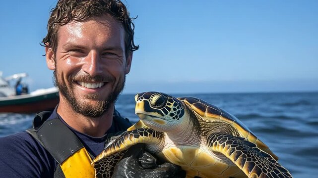 professional wildlife rescuer transporting sea turtle with protective gloves