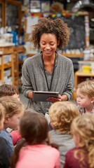 Obraz premium A smiling teacher holds a tablet while reading to a group of young children in a classroom setting with a blurred background.