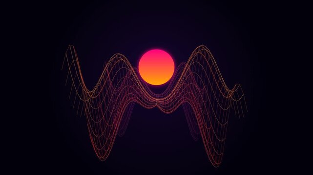 Glowing wireframe landscape with abstract sun rising behind undulating grid terrain in this cool digital motion animation video footage loop
