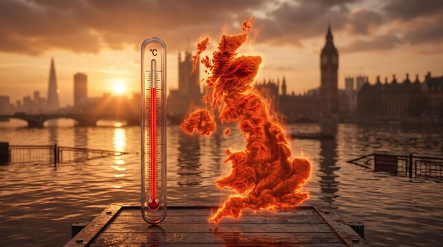 Burning United Kingdom map representing climate change and rising temperatures