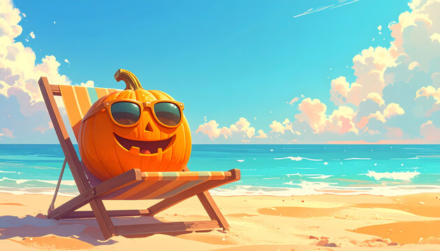 Cheerful pumpkin wearing tiny sunglasses lounging on small beach chair creating absurd funny mood generative AI
