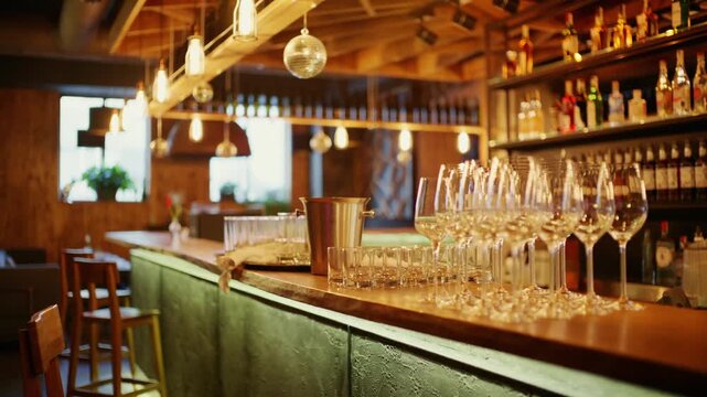 Empty wooden counter inside upscale restaurant with rows of crystal glasses in focus and soft blurred background lights.
