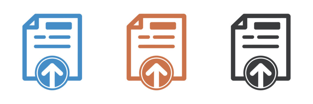 Document upload icon vector set, modern file transfer symbols for cloud storage, data submission, paper export, online forms, digital records, document sharing, file management.