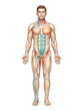 The image shows the human anatomy emphasizing fascia connective tissue, myofascial networks, and collagen throughout the body.