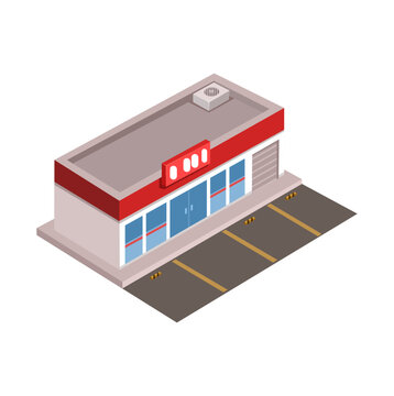 Red Minimart Building Isometric Illustration Design Vector