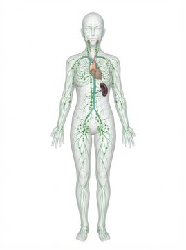 The lymphatic system is displayed with lymph nodes and vessels throughout the human body, highlighting immune drainage and anatomical features.