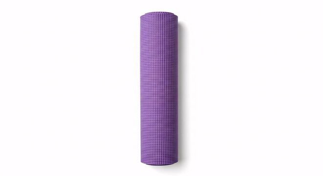 Rolled purple yoga mat on white background