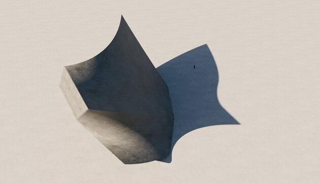A large abstract concrete sculpture casts a curving shadow