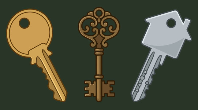 Set of three vintage and modern keys on a dark background