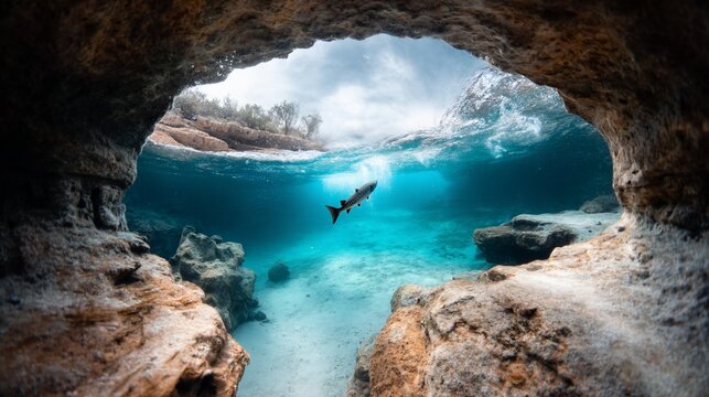Underwater cave scene with a fish swimming in turquoise water. Sunlight filters through
