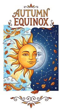 Autumn equinox illustration with sun and moon faces