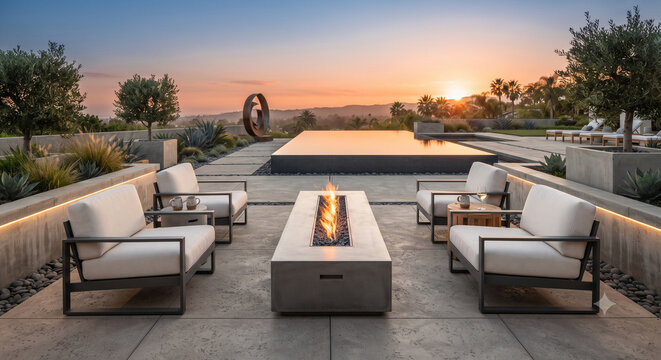 Luxury outdoor patio terrace with modern fire pit, infinity pool, and stunning sunset view	모던한 화로, 인피니티 풀, 멋진 일몰 뷰가 있는 럭셔리 야외 파티오 테라스