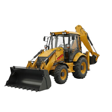 Yellow construction backhoe loader working on a job site isolated on transparent background