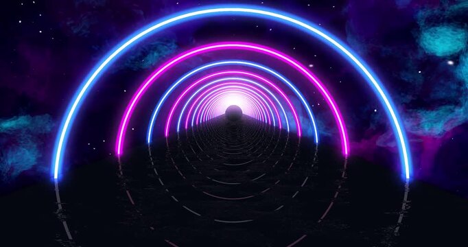 Abstract space background. Glowing Neon Light Circles Tunnel. Motion graphics Animation background Visual loops - 4K
