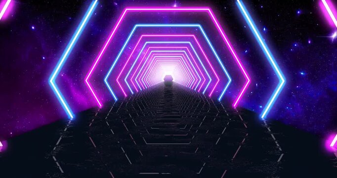 Abstract background with glowing lights. Glowing Neon Light Pentagon Tunnel. Motion graphics Animation background Visual loops - 4K