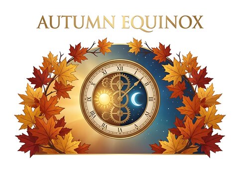 Autumn equinox illustration with a clock featuring sun and moon symbols surrounded by fall maple leaves isolated on white background