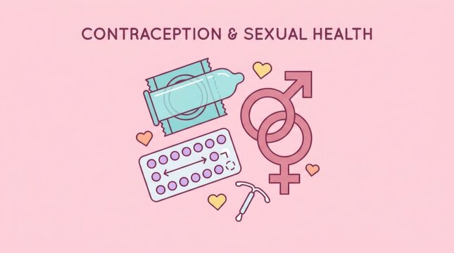Contraception and sexual health icons with condom and birth control pills on a pink background