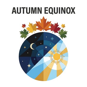 Autumn equinox illustration with colorful maple leaves and a circular design representing the balance of day and night