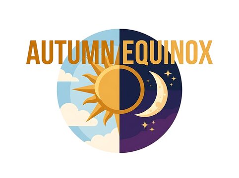 Autumn equinox graphic with sun and moon illustration isolated on white background
