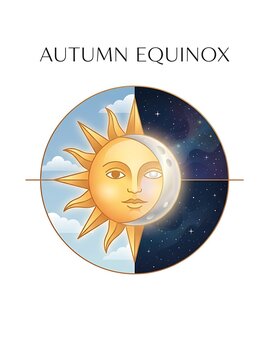 Autumn equinox illustration featuring a sun and moon face symbol isolated on white background