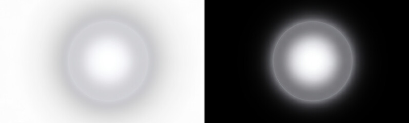 Abstract white glowing light orb and lens flare effect, soft circular bright halo with radial gradient on black background for digital photography, overlays, graphic design, and web effects © Vinay