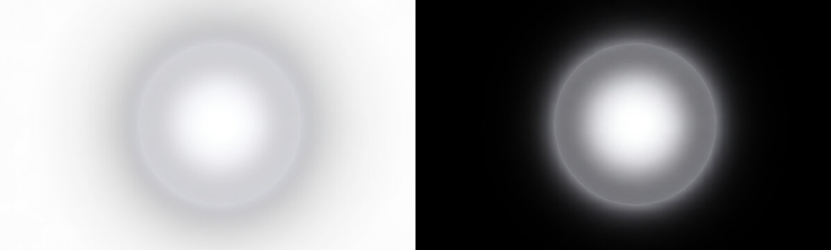 Abstract white glowing light orb and lens flare effect, soft circular bright halo with radial gradient on black background for digital photography, overlays, graphic design, and web effects