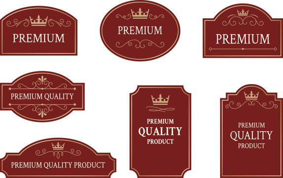 Premium vintage badge collection in deep burgundy and gold with royal ornaments. Vector labels set for luxury packaging and branding. Elegant tags for wine, cosmetics and gourmet goods.