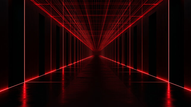 Cinematic wide shot of an infinite minimalist corridor with red infrared laser grid and matte black walls for high security system design concept background