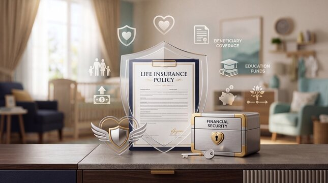 Life insurance policy document and metal safe box with key on home table with accompanied floating icons document secure displays life protection investment technology agreement with finance