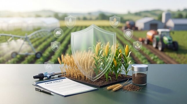 Agricultural insurance protection concept featuring crop policy document with protective shield overlaying growing wheat corn plants with plants protected digital document beside tray