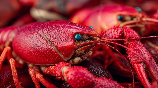 A close up view of bright red cooked crawfish with blue eyes on a blurred background.