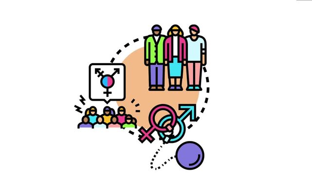 Illustration depicting an inclusive group of diverse people discussing gender identity symbols, promoting breaking traditional stereotypes, and fostering social equality