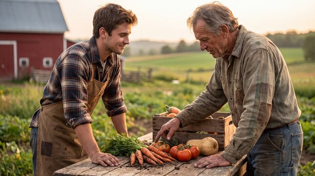 A heartwarming scene of two generations of farmers, an older man in a straw hat and a younger man in an apron, smiling as they sort freshly harvested root vegetables on a rustic wooden table.