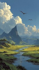 Fototapeta premium A digital painting of a prehistoric landscape featuring a winding river, green plains, and a sharp mountain peak under a cloudy.