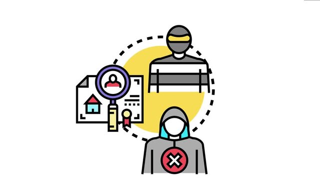 Criminal character preparing a break in, a person with a cross out icon, and a document with a house and magnifying glass icon property invasion and theft
