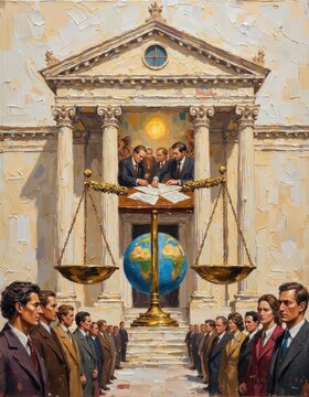 Elegant painting depicting court scene with scales, globe, and officials in formal attire outside classical building