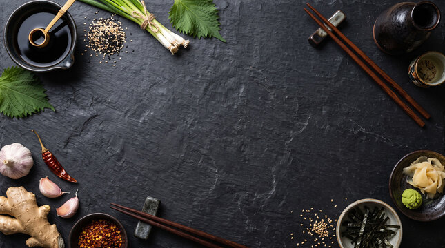 Asian cuisine ingredients on dark slate stone background. Top view empty mockup space for Japanese restaurant menu design.