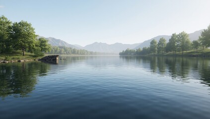 Fototapeta premium Serene lake with distant mountains and lush green trees reflecting on the water's surface