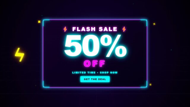 Flash sale fifty percent off neon motion graphic animation video clip