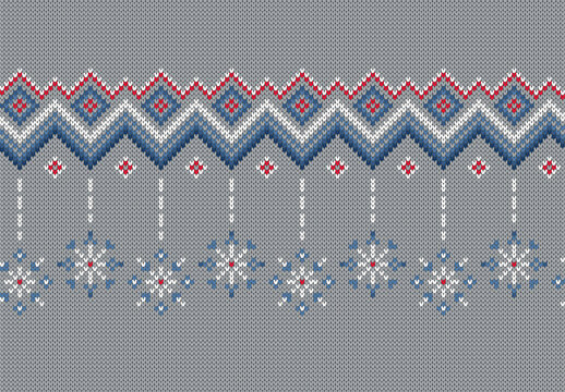 Grey geometric background with snowflakes. Christmas seamless pattern. Traditional knitted sweater texture. Xmas winter knit seamless print. Holiday wool pullover ornament. Festive crochet. Vector ill