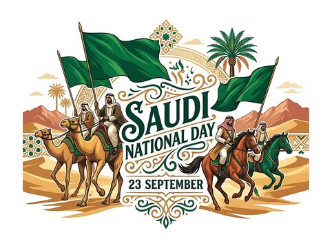 Saudi national day celebration illustration with camels and horses
